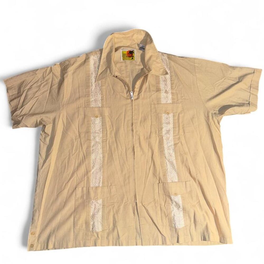 Vintage 80s Genuine Haband Guayabera Zip Up Shirt Tan XXL